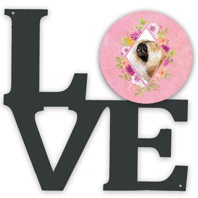 Caroline's Treasures CK4166WALV Pekingese Pink Flowers Metal Wall Artwork LOVE Indoor Outdoor Art Decor Patio, Bathroom, Kitchen Colorful Aluminum and Black Steel Sculpture