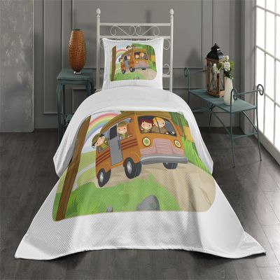 Ambesonne Camper Coverlet, Scouts Going Camping Cartoon Outdoor Adventure Themed Illustration, 3 Piece Decorative Quilted Bedspread Set with 2 Pillow Shams, Twin Size, Green Brown