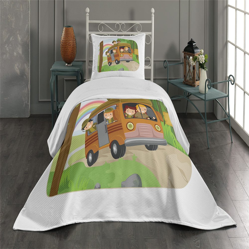 Ambesonne Camper Coverlet, Scouts Going Camping Cartoon Outdoor Adventure Themed Illustration, 3 Piece Decorative Quilted Bedspread Set with 2 Pillow Shams, Twin Size, Green Brown