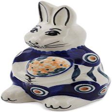 Polmedia Polish Pottery Bunny Figurine - Peacock Leaves Pattern Handmade in Boleslawiec Poland + Certificate of Authenticity