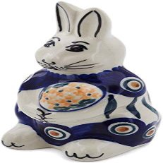 Polmedia Polish Pottery Bunny Figurine - Peacock Leaves Pattern Handmade in Boleslawiec Poland + Certificate of Authenticity