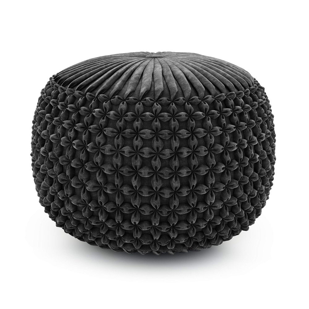 SIMPLIHOME Renee Round Pouf - 20 inch Wide Upholstered Velvet Ottoman in Slate Grey, Boho Footstool or Extra Seating for Living Room or Bedroom with Button-Tufted Pleated Design, Assembled