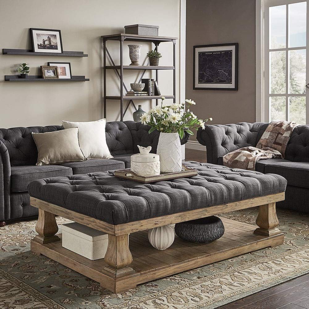 HNU Rustic Rectangle 60 Inch Linen Polyester Button Tufted Ottoman, Elegant Dark Grey Accent Cocktail Coffee Table with Planked Lower Shelf, Pinewood Frame Easy Assemble Furniture for Living Room