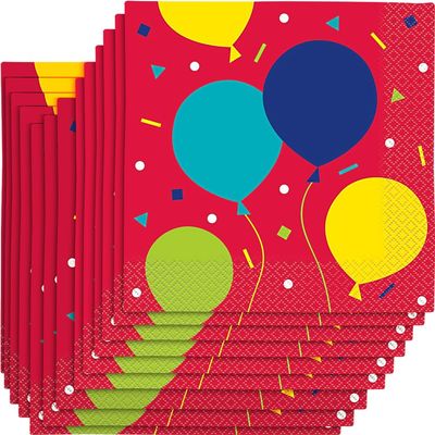 Balloon Party Birthday Red Luncheon Napkins (Pack of 16) - Festive Design Paper Napkins For Celebrations