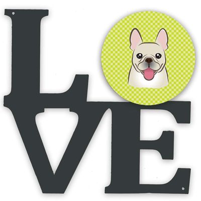 Caroline's Treasures BB1300WALV Checkerboard Lime Green French Bulldog Metal Wall Artwork LOVE Indoor Outdoor Art Decor Patio, Bathroom, Kitchen Colorful Aluminum and Black Steel Sculpture