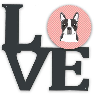 Caroline's Treasures BB1203WALV Checkerboard Pink Boston Terrier Metal Wall Artwork Love Indoor Outdoor Art Decor Patio, Bathroom, Kitchen Colorful Aluminum and Black Steel Sculpture