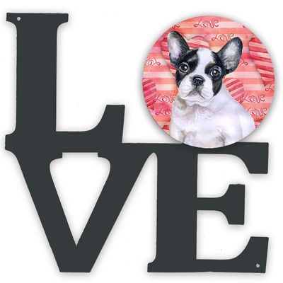 Caroline's Treasures BB9797WALV French Bulldog Black White Love Metal Wall Artwork Love, Red Indoor Outdoor Art Decor Patio, Bathroom, Kitchen Colorful Aluminum and Black Steel Sculpture