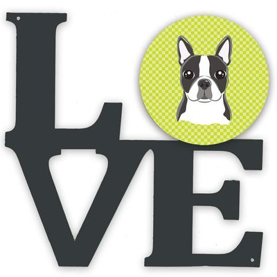 Caroline's Treasures BB1265WALV Checkerboard Lime Green Boston Terrier Metal Wall Artwork Love Indoor Outdoor Art Decor Patio, Bathroom, Kitchen Colorful Aluminum and Black Steel Sculpture