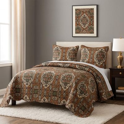 DaDa Bedding Earthy Cross Motif Folk Bedspread - Cozy Arabian Moroccan Ogee Rustic Antique Style Quilted Coverlet Set - Scalloped Warm Tones All Season Burnt Orange Brown Olive Green - Queen 3-Pieces