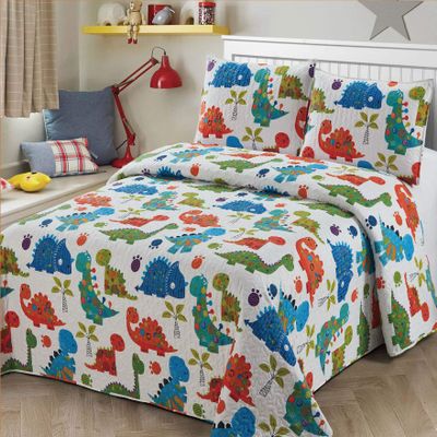 3pc Full/Queen Size Quilt Bedspread Kids/Teens Boys Girls DinosaursWhite Blue Green Orange Baby Dinosaours Multicolor Bedding New