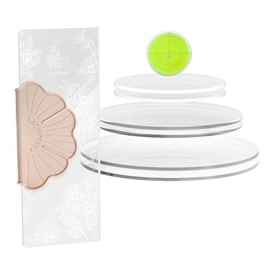 Lacupella Buttercream Acrylic Round Cake Disc Set with 12" Scraper, Silicone Grip and Level Essential Combo Kit (0.5 inch - 6.5, 8.5, 10.5 inch Diameter - Clear)