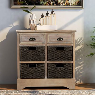 Harper & Bright Designs Storage Cabinet, Rustic Storage Cabinet with Two Drawers and Four Classic Fabric Basket for Kitchen/Dining Room/Entryway/Living Room, Accent Furniture, White Washed