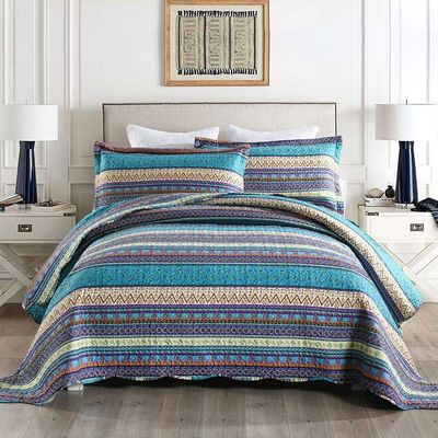 3 Piece Eclectic Style Blue Purple Quilts Bedspread King Size Mesmerizing All Over Geometric Floral Medallion Patterns Printed Stripes Quilt Set Design Scalloped Edged Oversized Quilted Boho Bedding