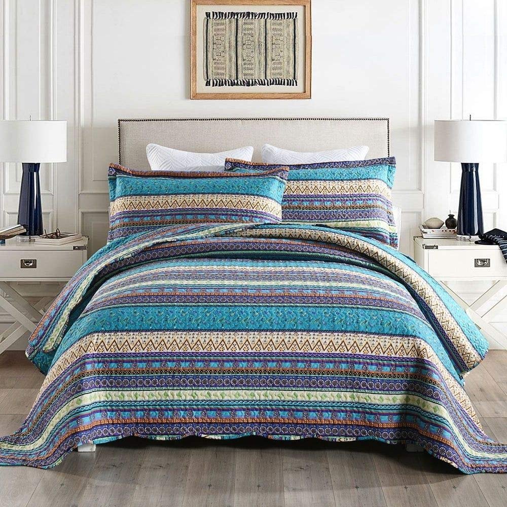 3 Piece Eclectic Style Blue Purple Quilts Bedspread King Size Mesmerizing All Over Geometric Floral Medallion Patterns Printed Stripes Quilt Set Design Scalloped Edged Oversized Quilted Boho Bedding