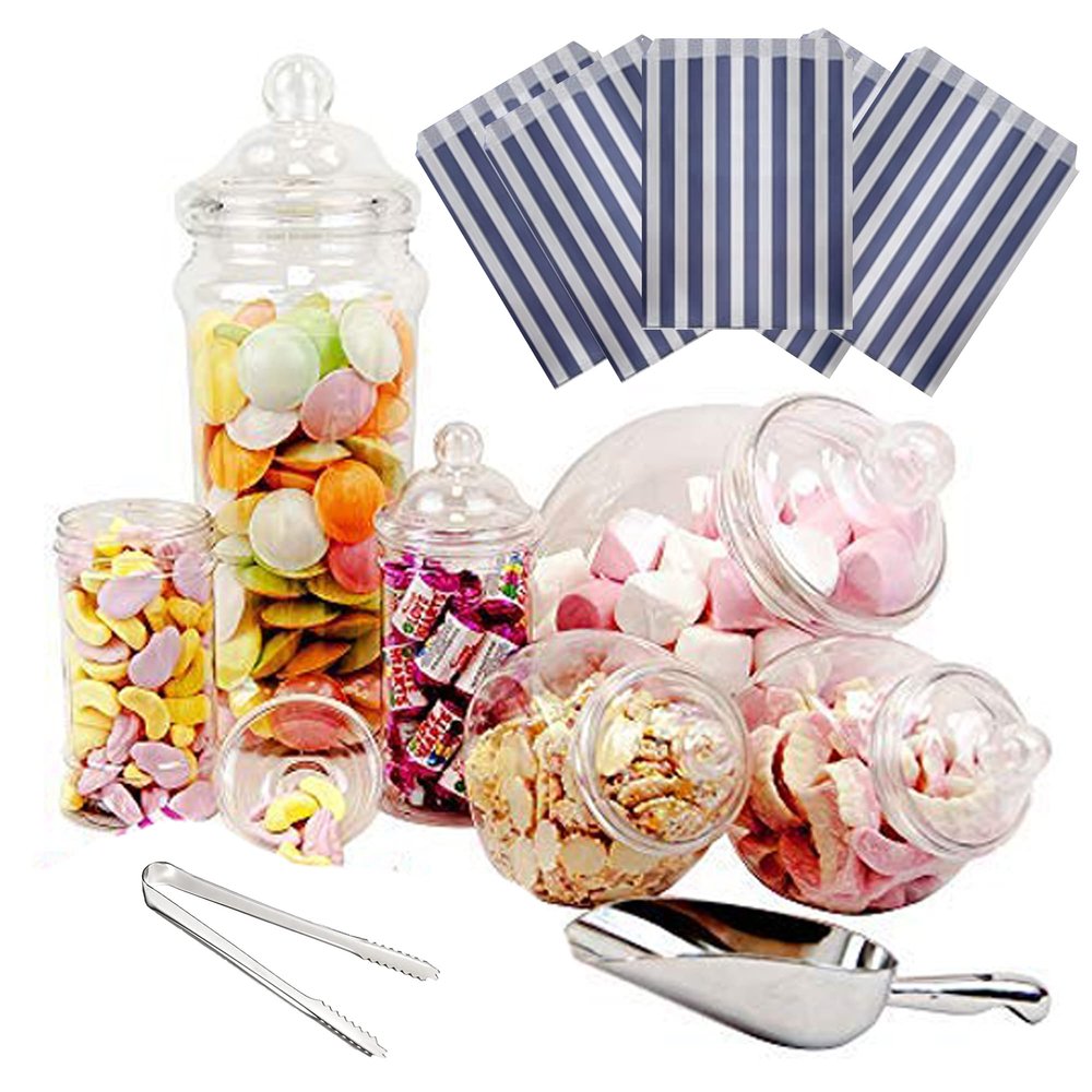Purple Square 6 Jar Retro Pick & Mix Victorian Sweet Shop Candy Buffet Kit Party Pack with Scoop, Tongs & Bags - Dark Blue Stripe
