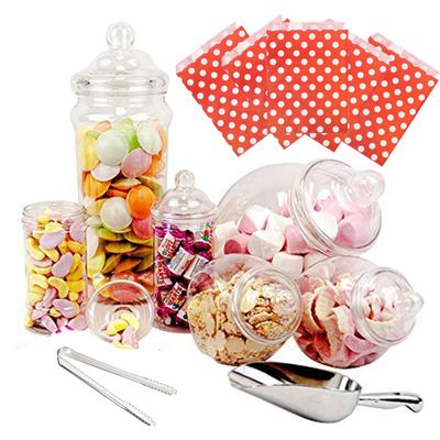 6 Jar Retro Pick & Mix Victorian Sweet Shop Candy Buffet Kit Party Pack with Tongs & Bags - Red Polka