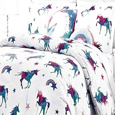 Lil' Envogue Girls Twin 4-Piece Unicorns and Rainbows Comforter Set with 2 Decorative Pillows | Easy Care Polyester