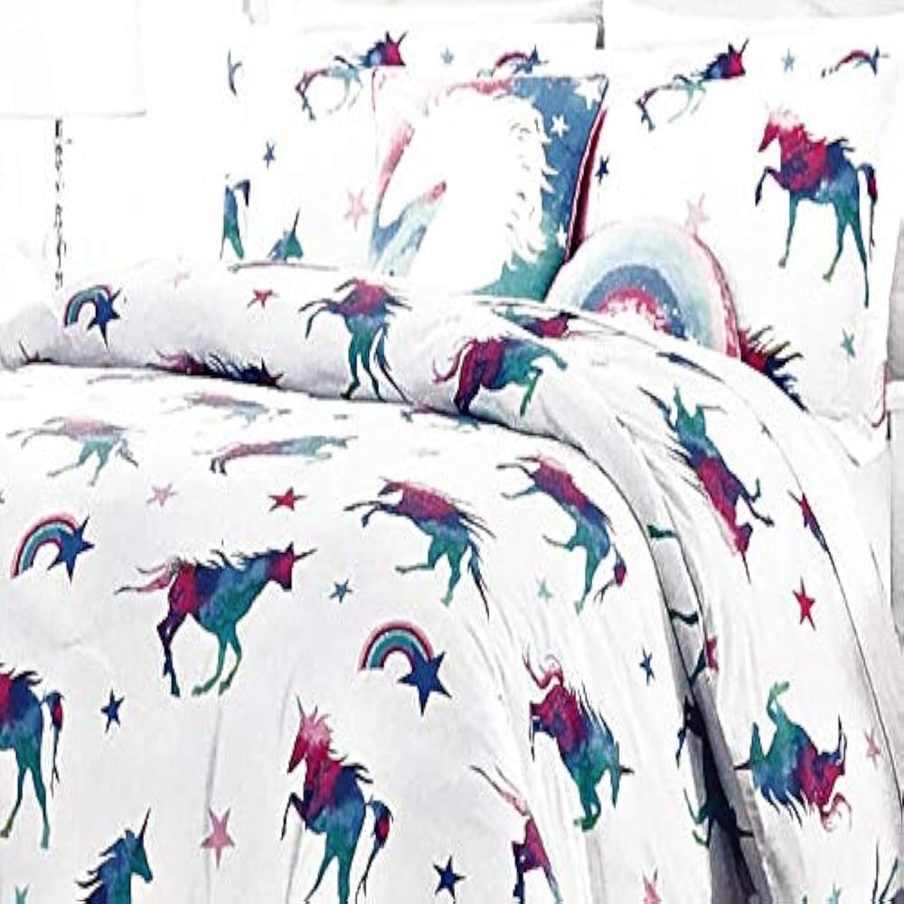 Lil' Envogue Girls Twin 4-Piece Unicorns and Rainbows Comforter Set with 2 Decorative Pillows | Easy Care Polyester
