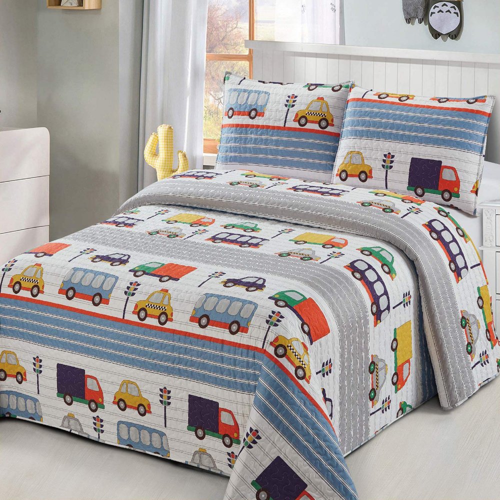 2 pc Twin Size Quilt Bedspread Kids/Teens Boys Transportaions Cars Trucks Bus Traffic Lights City Streets Taxi White Blue Grey Yellow Multicolor Bedding New
