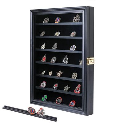Military Challenge Coin Display Case Lockable Wood Cabinet Rack Holder Black Shadow Box with Removable 2 Grooves Shelves and Anti Fade Real Glass Door for Casino Poker Chips Collectibles