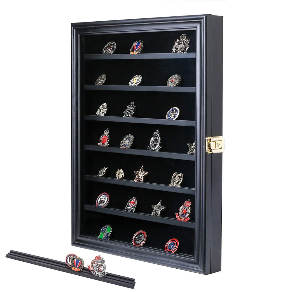 Military Challenge Coin Display Case Lockable Wood Cabinet Rack Holder Black Shadow Box with Removable 2 Grooves Shelves and Anti Fade Real Glass Door for Casino Poker Chips Collectibles