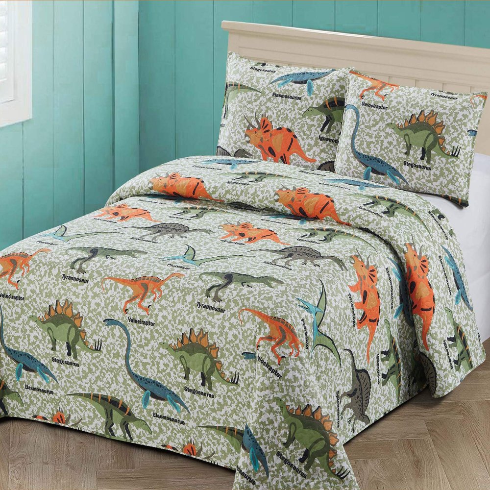 2 pc Twin Size Quilt Bedspread Kids/Teens Boys Dinosaurs Army Green Blue Orange Multicolor Bedding New