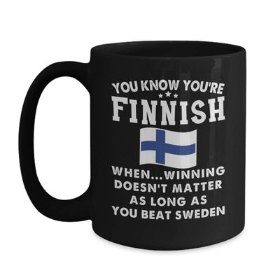 BeeTeeStore Finnish Heritage Humor Coffee Mug - You Know You're Finnish When Cultural Joke - 11oz Black Ceramic Tea Cup for Finland Fans, Nordic Pride, and Heritage Gifts