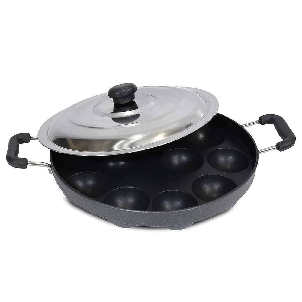 Shriya 12 Pits Appam Maker With Lid Wooden Stick And Nylon Scrubber, Appam Patra Paniyaram Nonstick Cookware Gunta Ponganalu, Small Idli, Paddu Maker, Appa Kara Wooden Stick And Nylon Scrubber