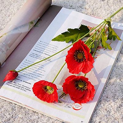 GREENWISH 10 Pcs Red Poppies Artificial Flowers 23 inch Real Touch Silk Fake Poppy Bunches with Long Stem Realistic Countertop Table Display Floral Decoration for Wedding Indoor Outdoor