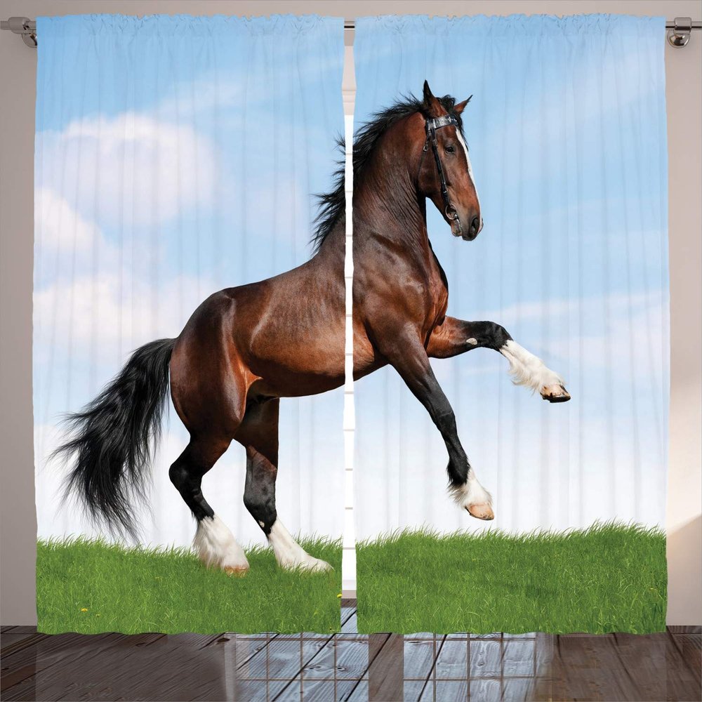 Ambesonne Horses Curtains, Bay Animal Pacing on The Grass Energetic Noble Character of Nature Concept Nature Picturesque Print, Living Room Bedroom Window Drapes 2 Panel Set, 108" X 84", Brown Green