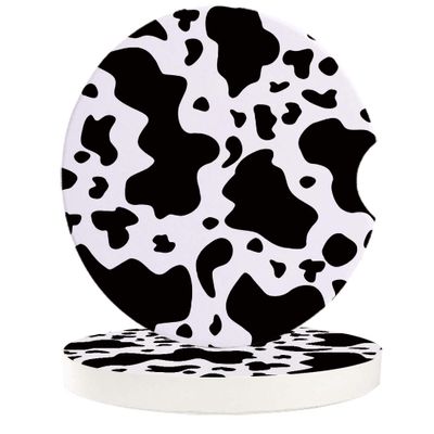 Car Drinks Coasters Set of 2 Pack Cow Print Animal Themed Absorbent Ceramic Stone Black and White Coaster with A Finger Notch for Easy Removal from Auto Cupholder