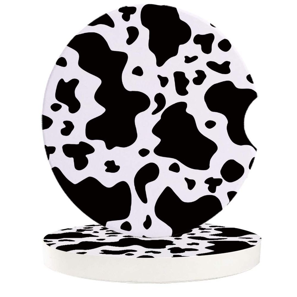 Car Drinks Coasters Set of 2 Pack Cow Print Animal Themed Absorbent Ceramic Stone Black and White Coaster with A Finger Notch for Easy Removal from Auto Cupholder