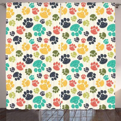 Ambesonne Dog Lover Curtains, Hand Drawn Paw Print Doodles Circular Pattern Drawing Style Animal, Living Room Bedroom Window Drapes 2 Panel Set, 108" X 63", Charcoal Beige