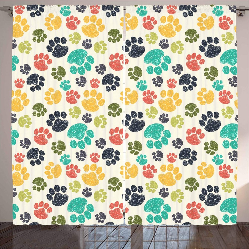 Ambesonne Dog Lover Curtains, Hand Drawn Paw Print Doodles Circular Pattern Drawing Style Animal, Living Room Bedroom Window Drapes 2 Panel Set, 108" X 63", Charcoal Beige