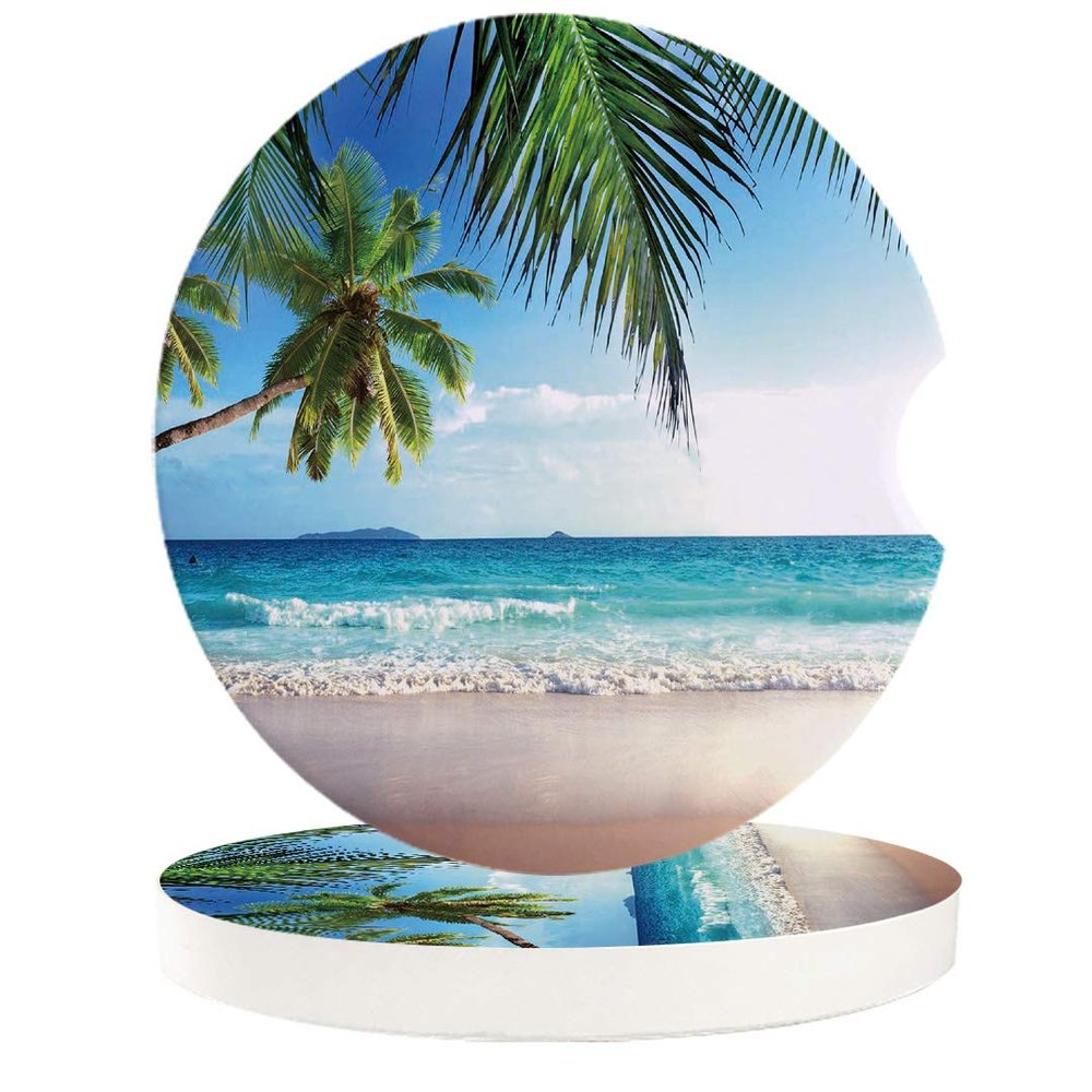 Car Drinks Coasters Set of 4 Pack Palms Tree Ocean Tropical Sea Absorbent Ceramic Stone Beach Theme Coaster with A Finger Notch for Easy Removal from Auto Cupholder