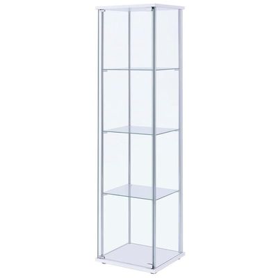 BOWERY HILL 4 Shelf Glass Display Case Cabinet with Chrome Support Beams and White Top/Base