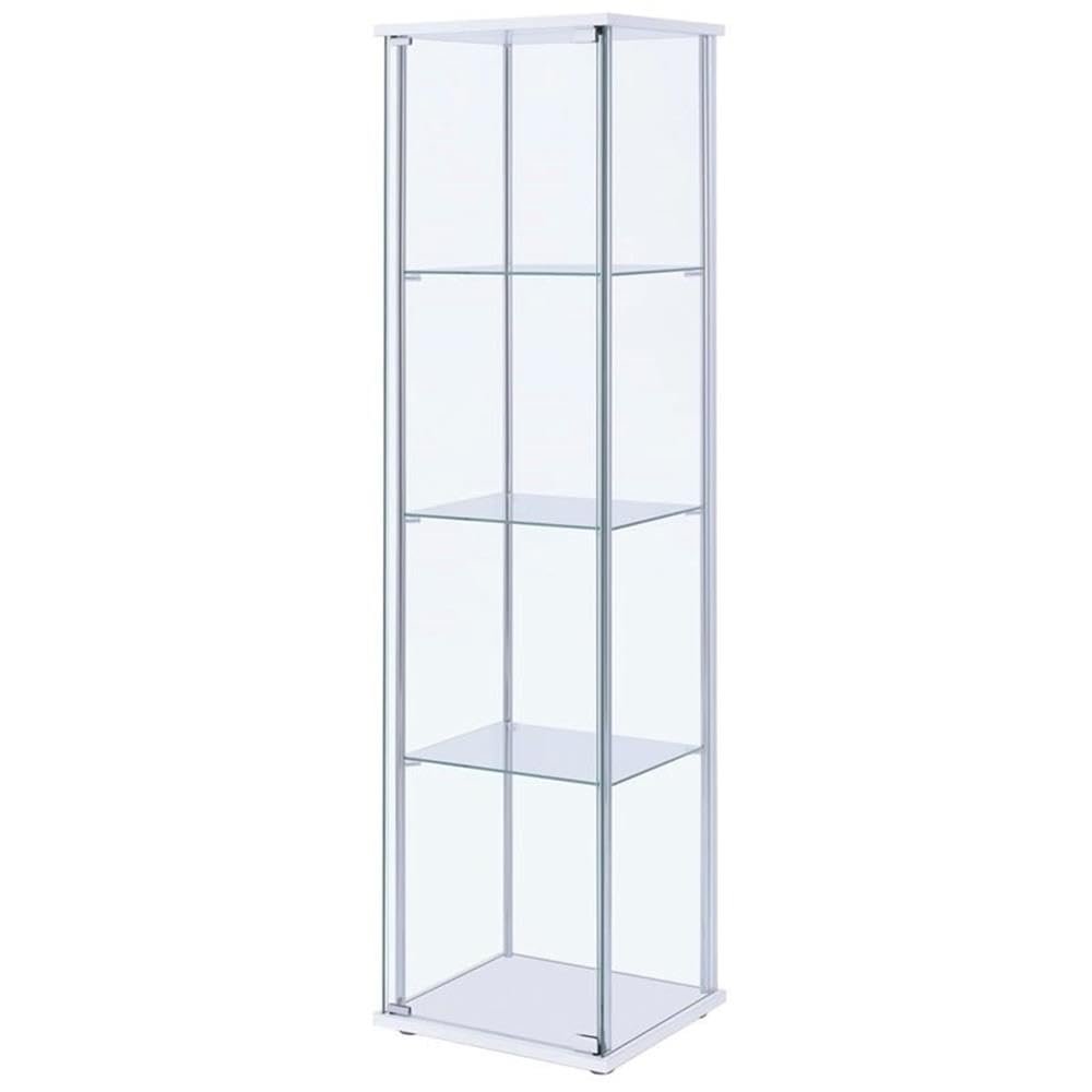 BOWERY HILL 4 Shelf Glass Display Case Cabinet with Chrome Support Beams and White Top/Base