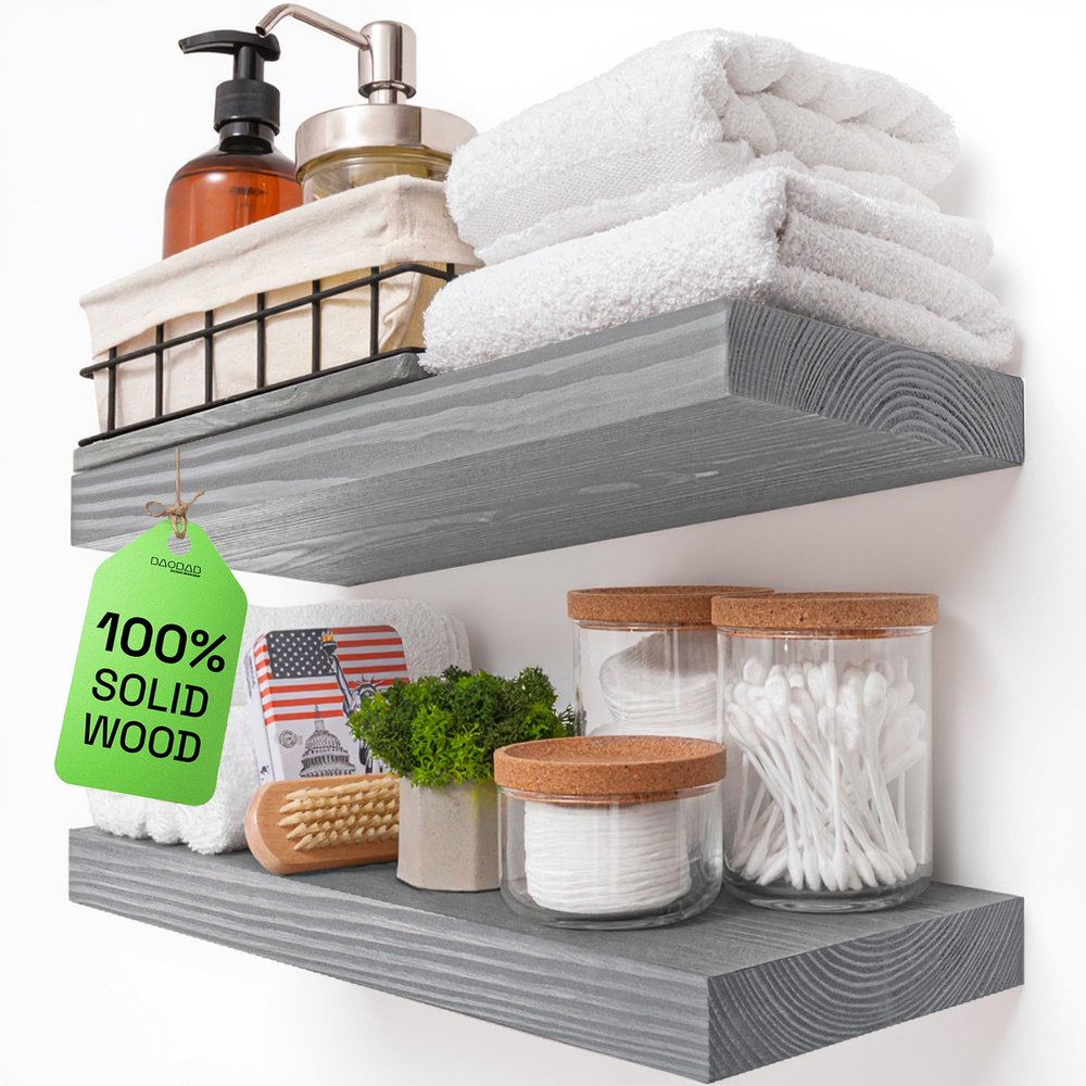 BAOBAB WORKSHOP Wood Floating Shelves for Wall - Rustic Shelf 16 inch - Grey Bathroom Shelves - Solid Wood Shelves for Wall for Bedroom Kitchen Living Room - Gray Finish, 16W  6.7D, Set of 2