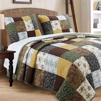 3 Piece Country Chic Multi Color Quilts Queen Size Rustic Styling Vintage Ditsy Floral Printed Pattern Patchwork Quilt Set Neutral Color Palette Cabin Lodge Reversible Textured Farmhouse Bedding Set