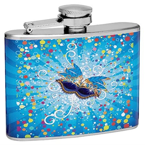 Hip Flask Gift Set with Refill Funnel and 2 Stainless Steel Shot Glasses - Mardi Gras Design - 4 oz Flask, Steel Funnel and Two Stainless Steel Shot Glasses - Gift Box Included