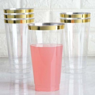 Efavormart 60 Pack 18oz Gold Rimmed Clear Cocktail Disposable Plastic Glasses For Wedding Banquet Party Events