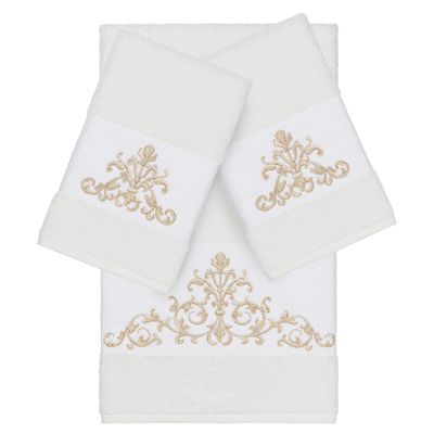 Authentic Hotel and Spa White Turkish Cotton Scrollwork Embroidered 3 Piece Towel Set