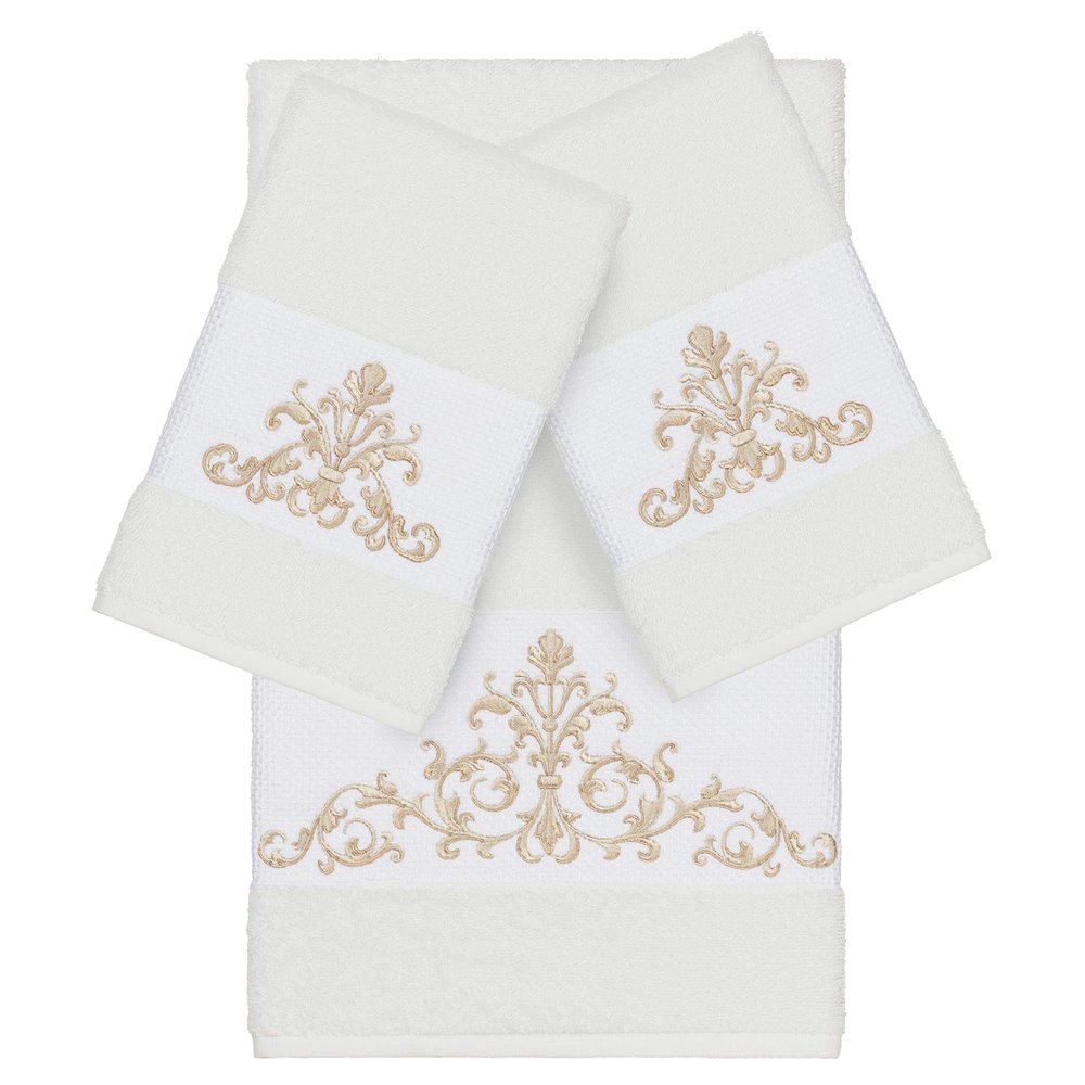 Authentic Hotel and Spa White Turkish Cotton Scrollwork Embroidered 3 Piece Towel Set