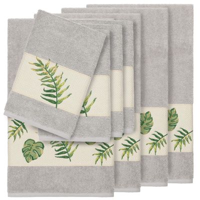 Authentic Hotel and Spa Turkish Cotton Palm Fronds Embroidered Light Grey 8-Piece Towel Set