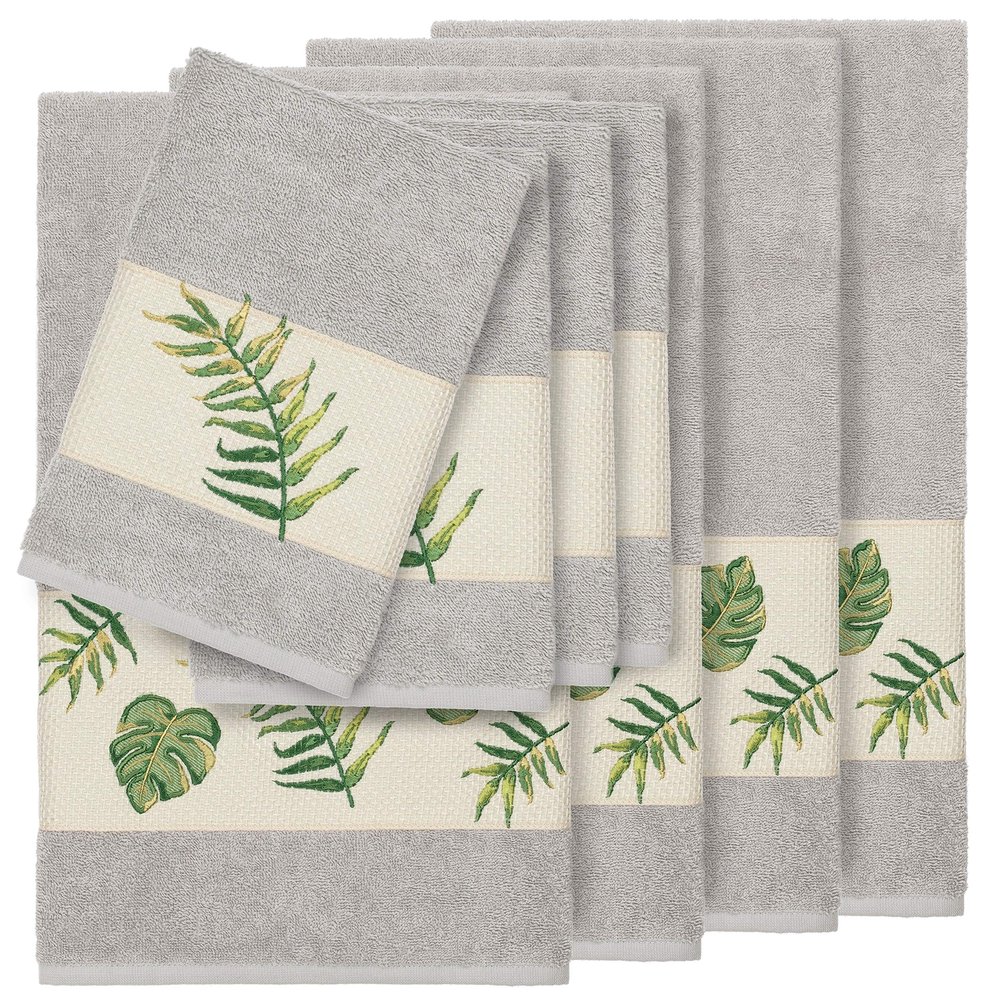 Authentic Hotel and Spa Turkish Cotton Palm Fronds Embroidered Light Grey 8-Piece Towel Set