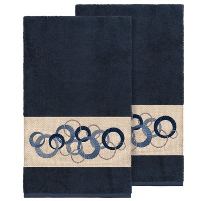 Authentic Hotel and Spa Turkish Cotton Circles Embroidered Midnight Blue 2-Piece Bath Towel Set