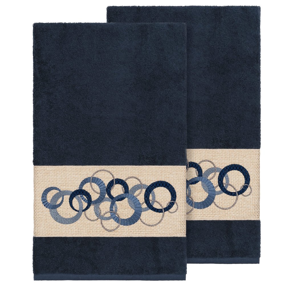 Authentic Hotel and Spa Turkish Cotton Circles Embroidered Midnight Blue 2-Piece Bath Towel Set