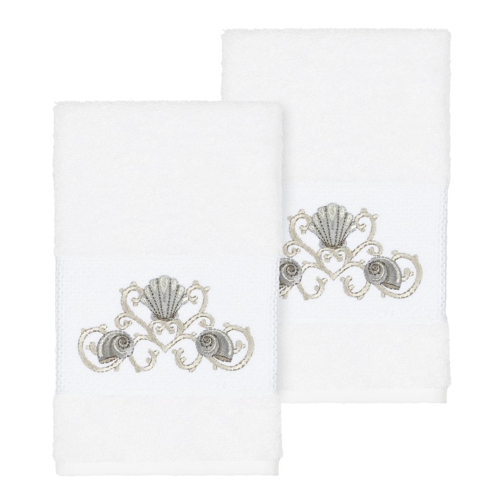 Authentic Hotel and Spa Turkish Cotton Shells Embroidered White 2-Piece Towel Hand Set