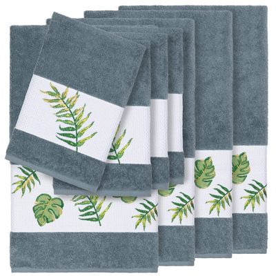 Authentic Hotel and Spa Turkish Cotton Palm Fronds Embroidered Teal Blue 8-Piece Towel Set