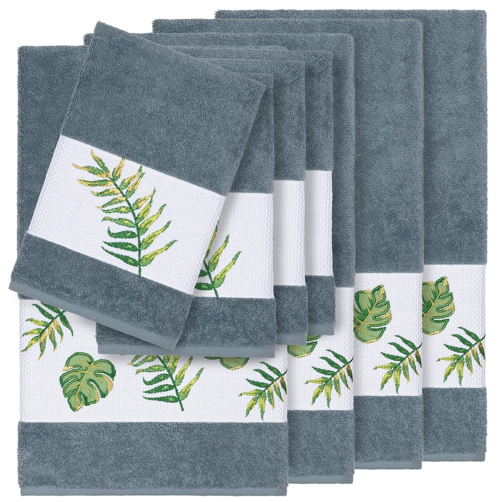 Authentic Hotel and Spa Turkish Cotton Palm Fronds Embroidered Teal Blue 8-Piece Towel Set